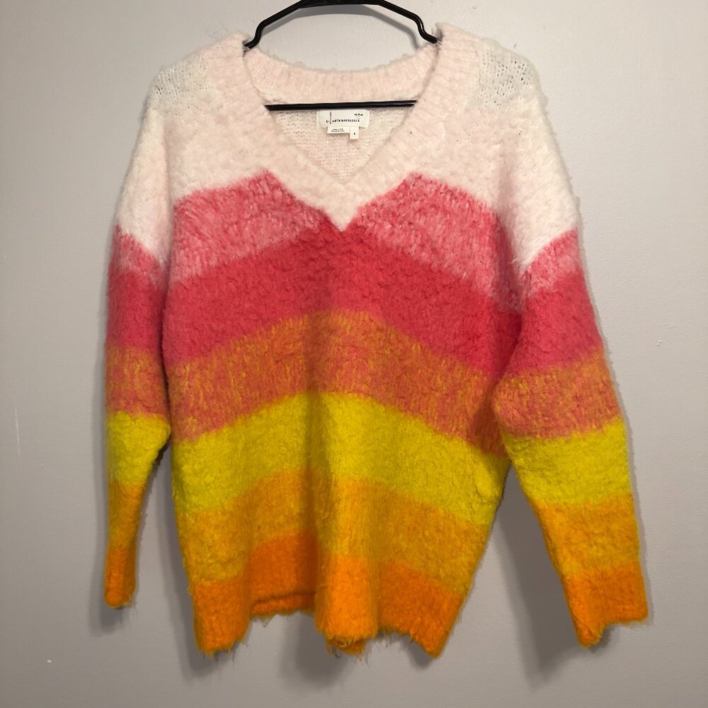 Anthropologie Women's Fuzzy Colorblock Sweater Size S V Neck - Picture 2 of 7